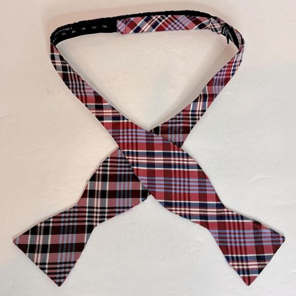 Red Navy Blue White Plaid Silk Adjustable Bow Tie - Picture 1 of 6